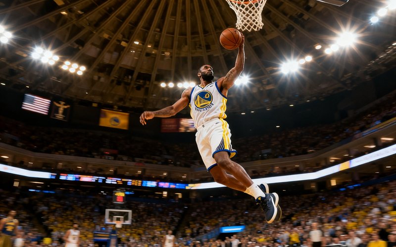NBA总决赛激烈对抗，球员飞身扣篮瞬间，篮球馆内灯光璀璨